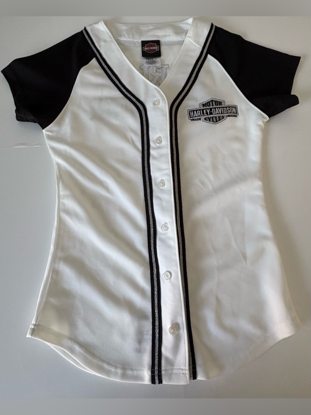 Harley-Davidson Jersey Top Small White Black Button Front Logo - Picture 2 of 5